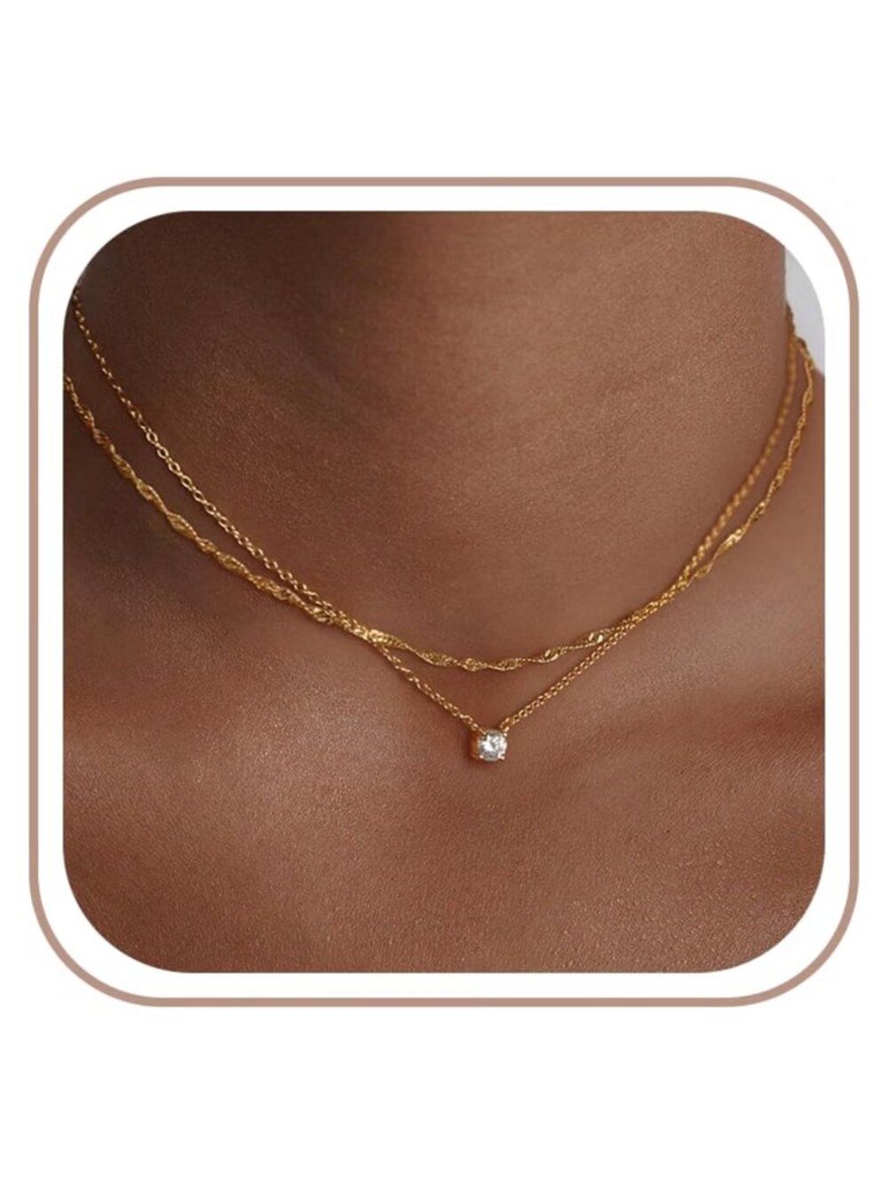 Dainty Gold Plated Layered Necklace 14k Diamond Pendant CZ Chain Choker